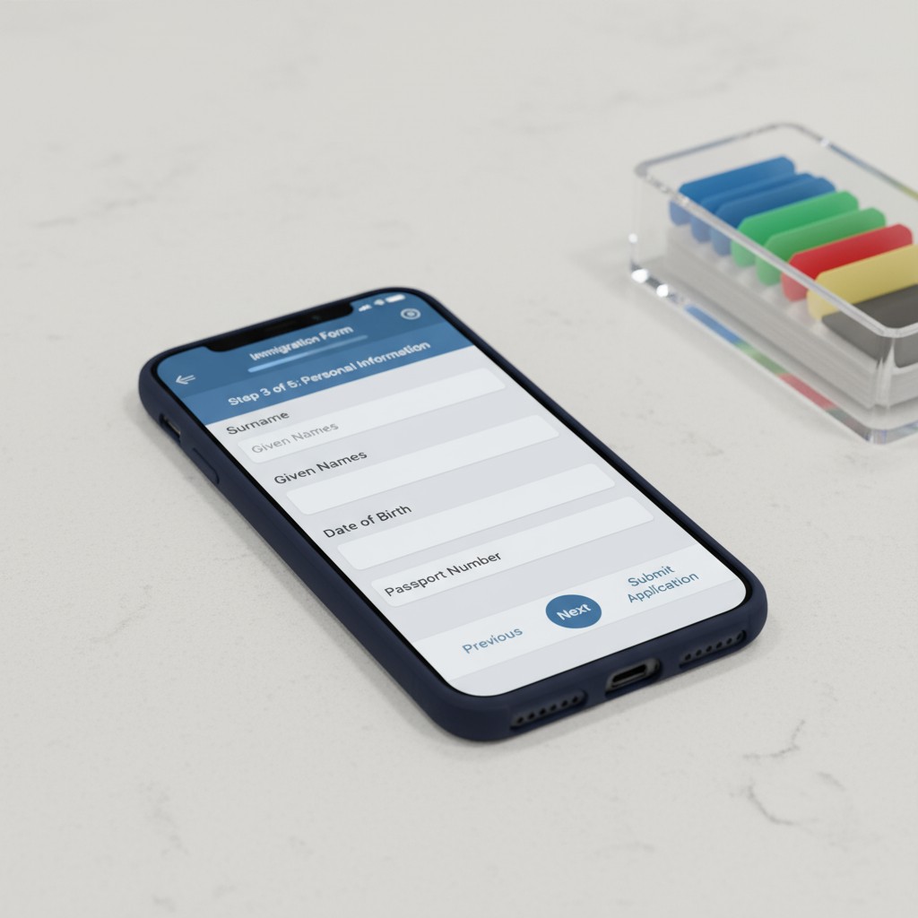 A side-view image of a smartphone displaying a digitized immigration form, along with a plastic container containing color...