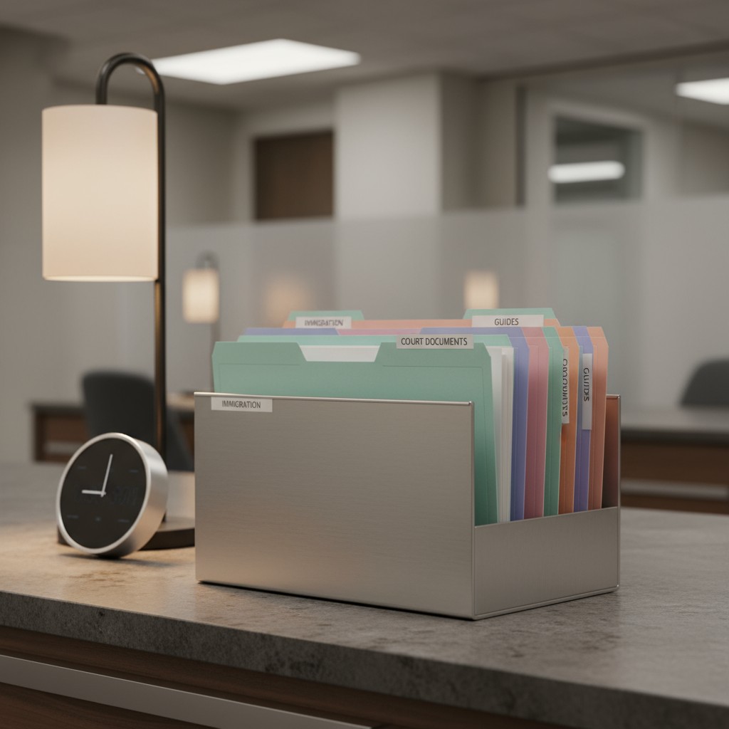 A silver file organizer filled with color-coded folders, labeled with specific categories such as "Immigration," "Court Do...