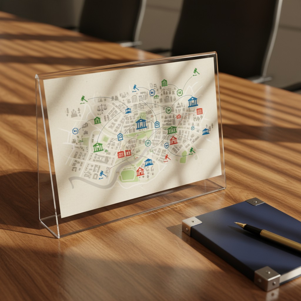 An illustrated diagram of city buildings, ihremlights cast in the background.