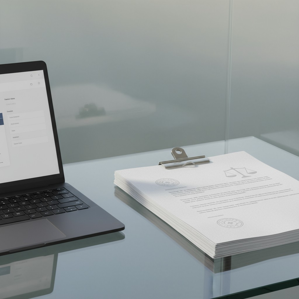A glass office desk with a laptop, a large stack of white paper documents, and a pen holder, all set in front of a frosted...