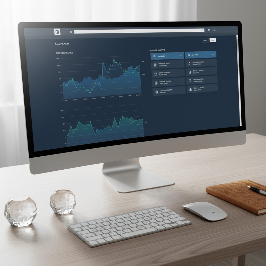 A computer monitor displaying a case profiles dashboard on a desk with a keyboard, mouse, and notebook.
